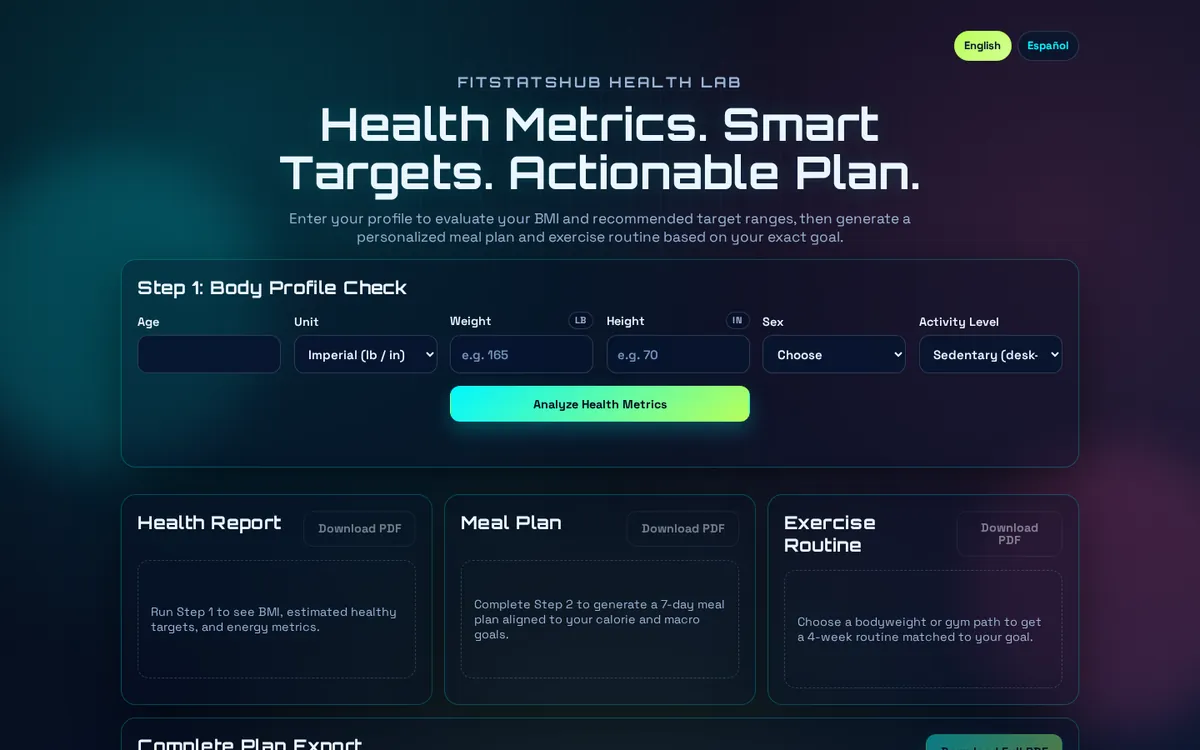 Screenshot of the FitStatsHub homepage