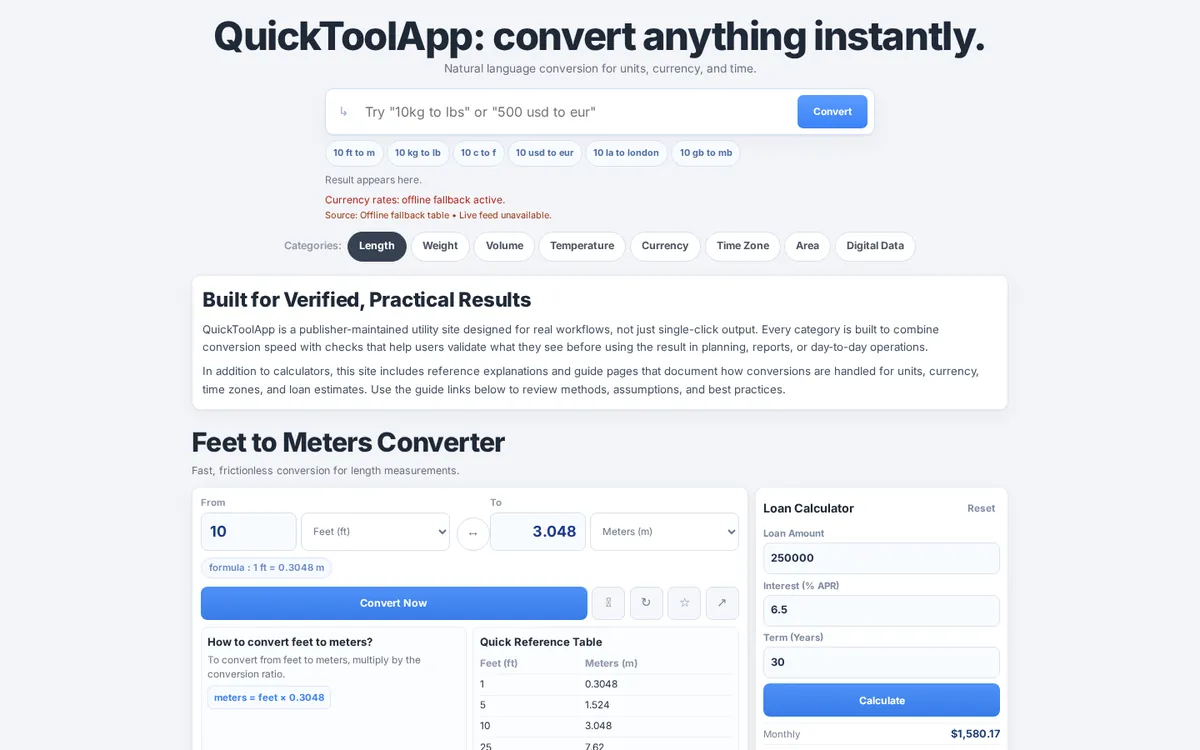 Screenshot of the QuickToolApp homepage