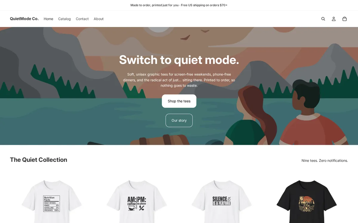 Screenshot of the QuietMode Co. homepage